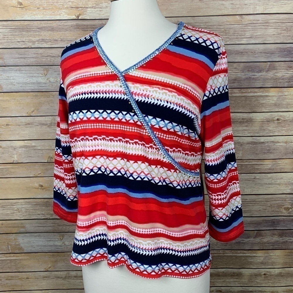 Ruby Road Petite L 3/4 Sleeve V Neck Tee Red/Blue